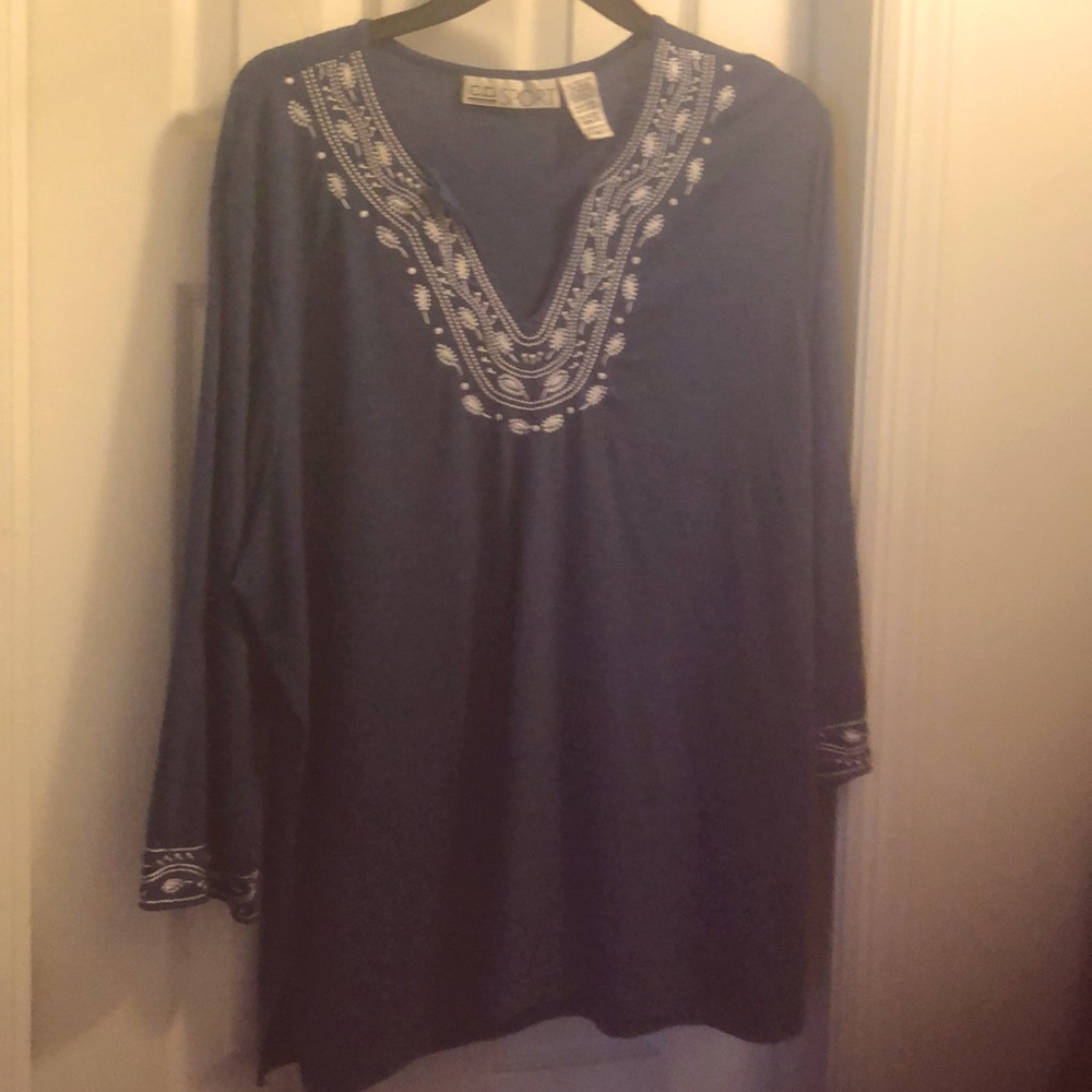 Soft blue blouse with white embroidery
